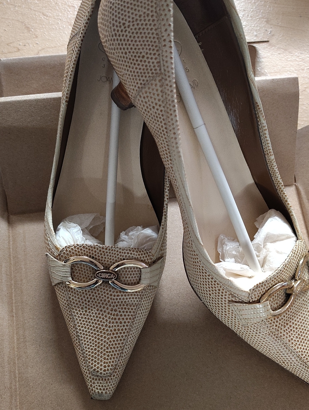Pointed Toe Women’s Heels in Beige with Gold Accent